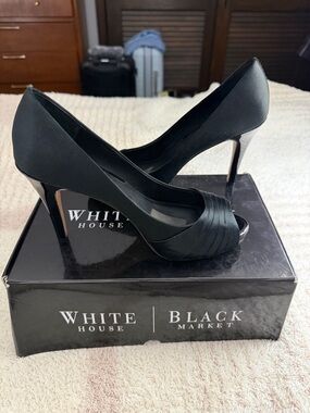 White House Black Market Black Satin Peep-Toe Stiletto Pumps